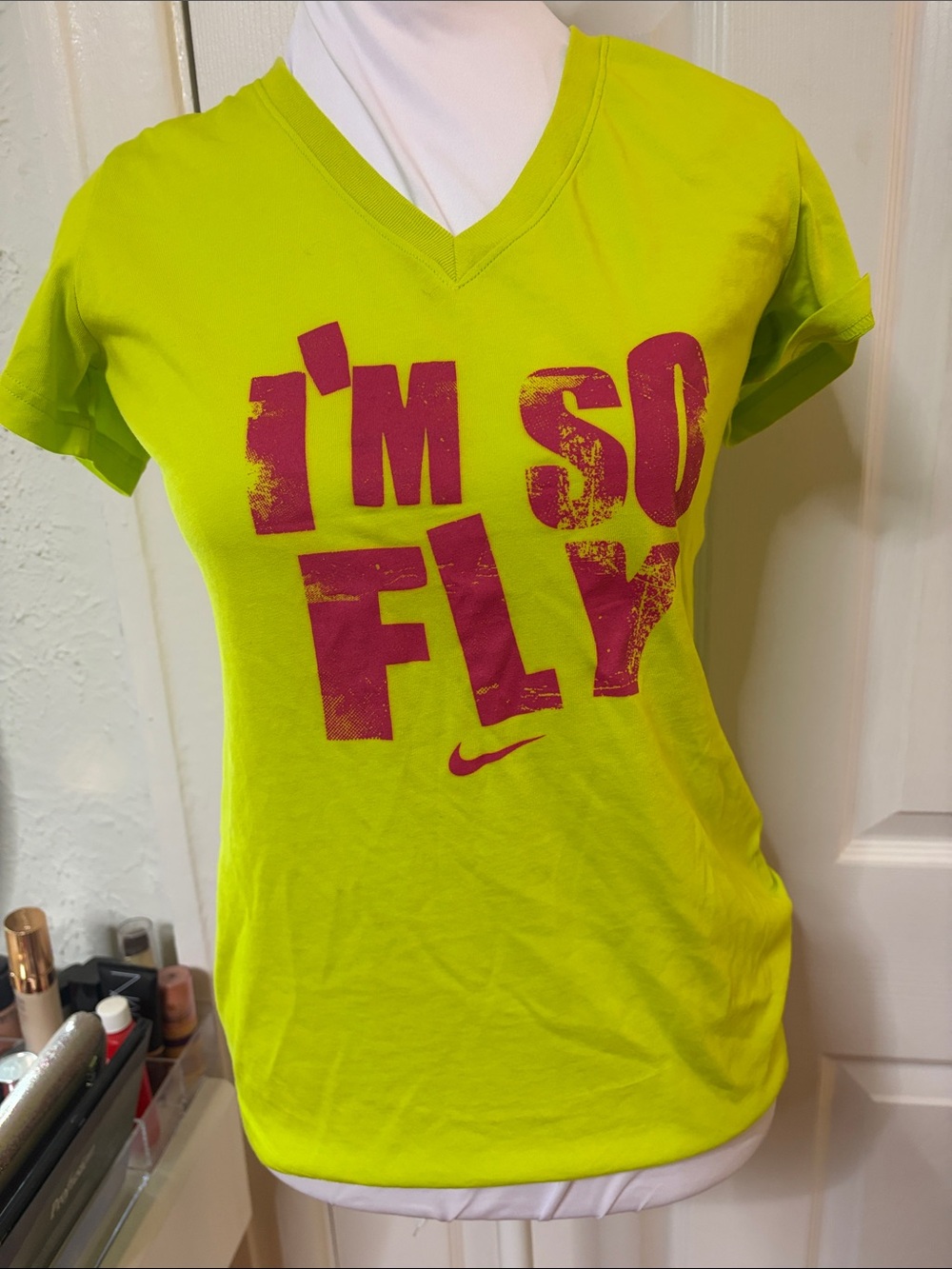 Nike Neon Yellow V-Neck Graphic Tee with Pink 'I'M SO FLY' Print